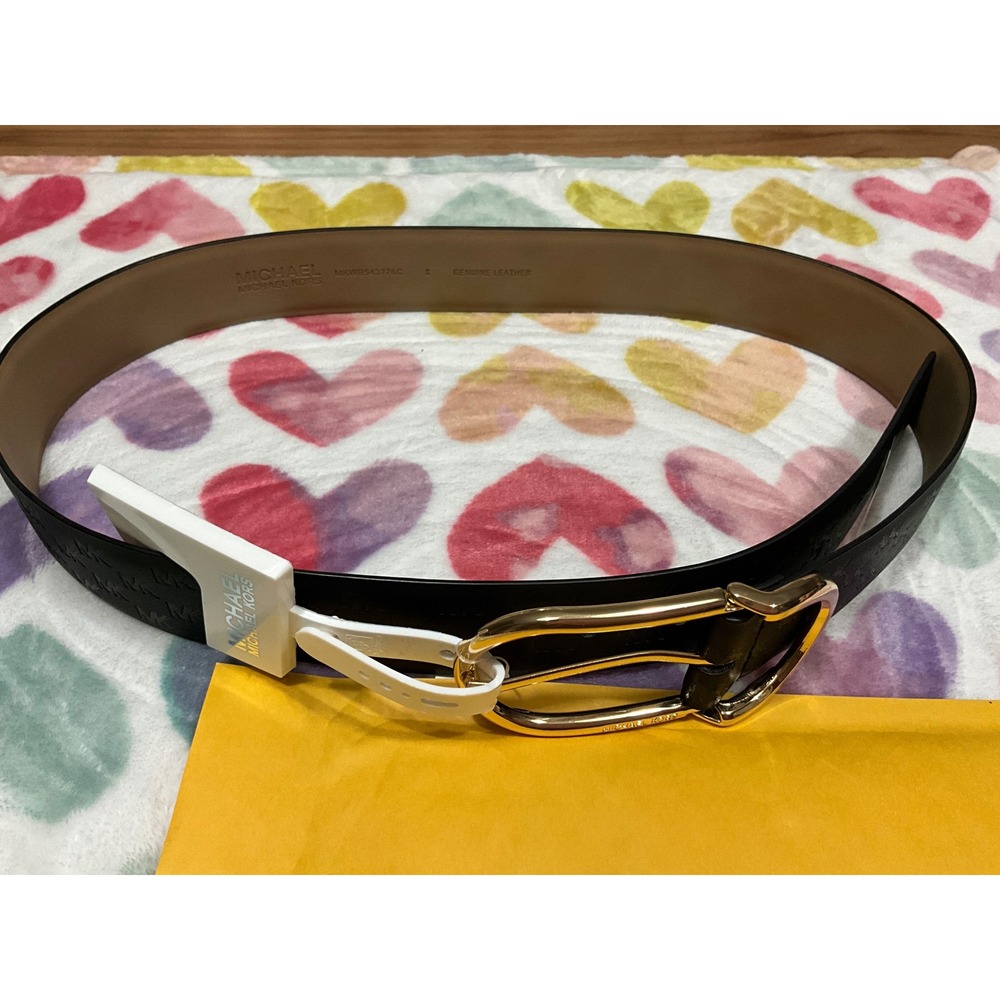 Michael Kors Black Leather Reversible Belt Embossed MK‎ Logo Gold Buckle Womens